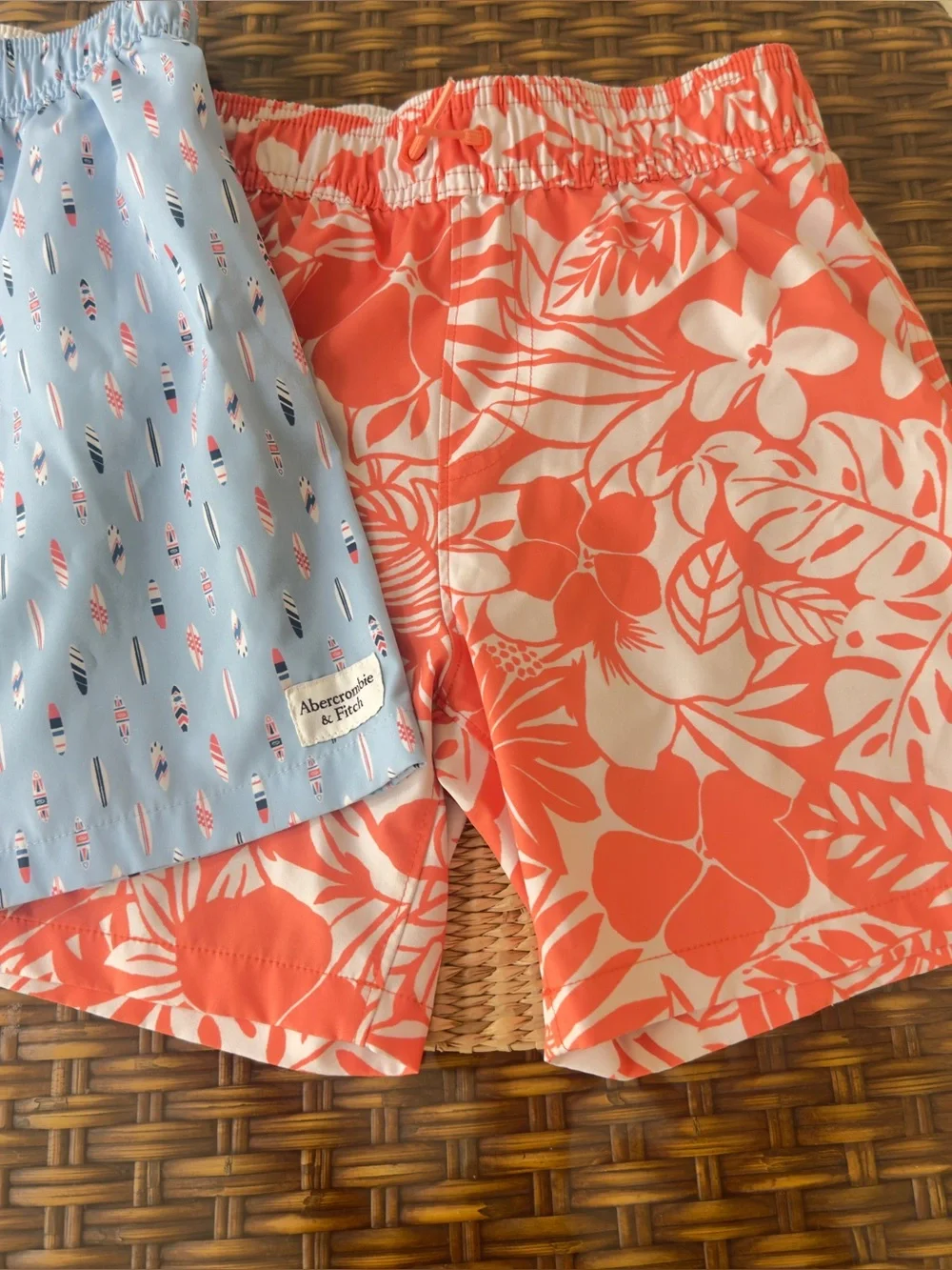 abercrombie kids Light Blue Swim Trunks with Coral & Navy Surfboard Print